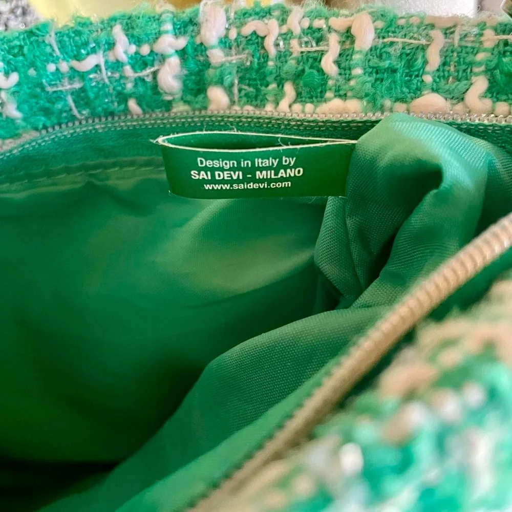 Mario Badescu green and white tweed makeup bag